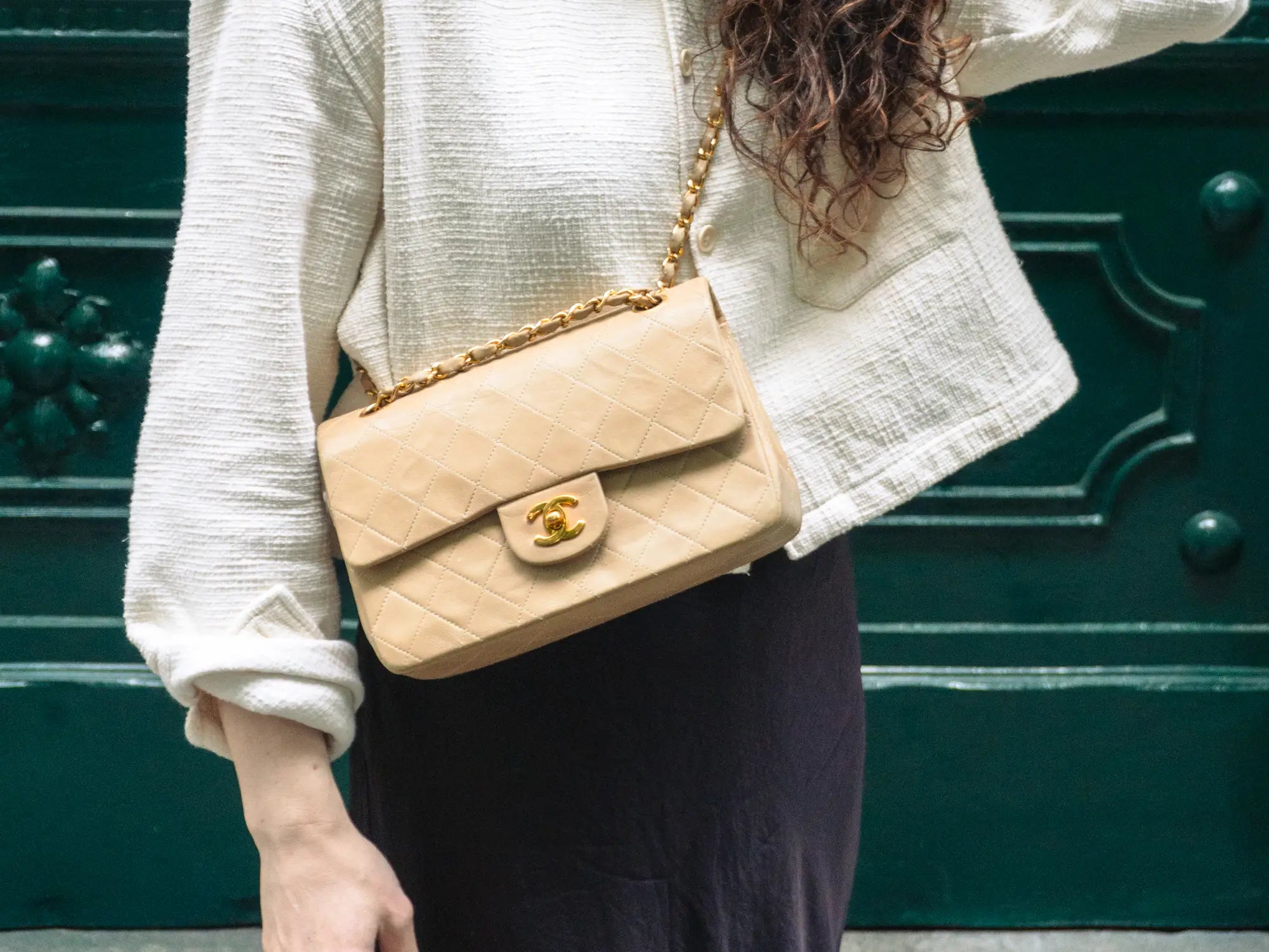 beige vintage small classic flap worn cross-body