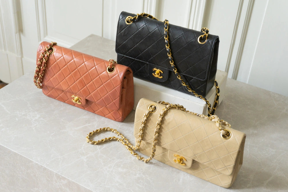 red, beige and black classic flap next to each other