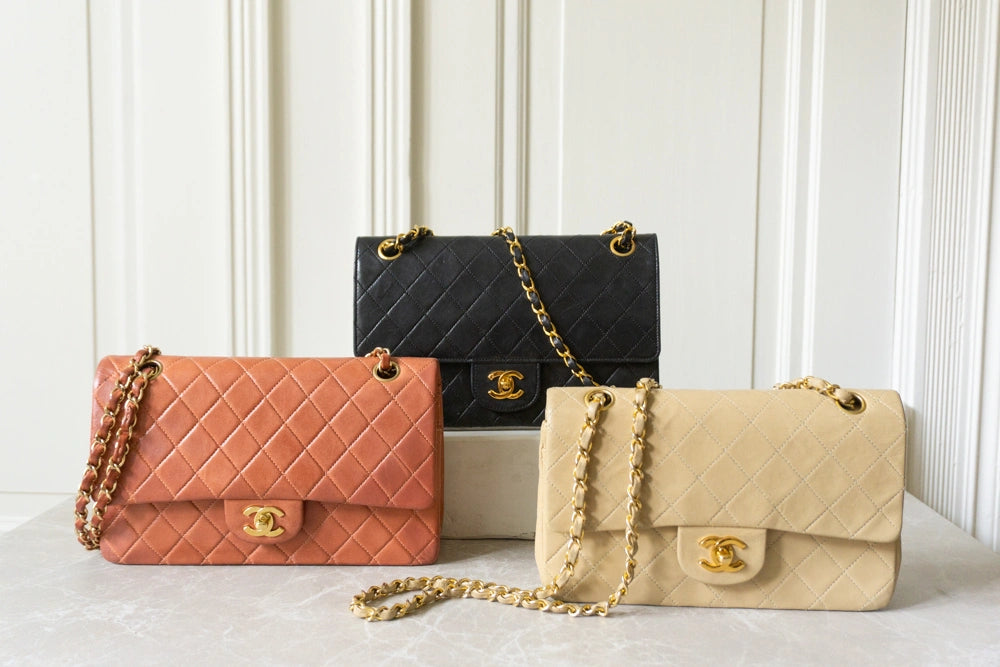 red, black and beige classic flap front view