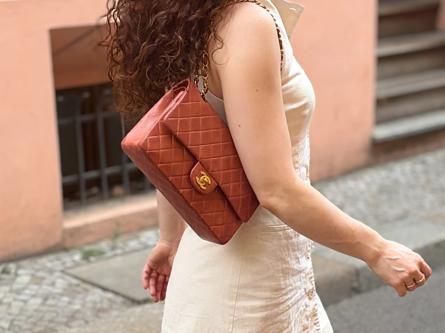 red vintage medium classic flap worn over shoulder