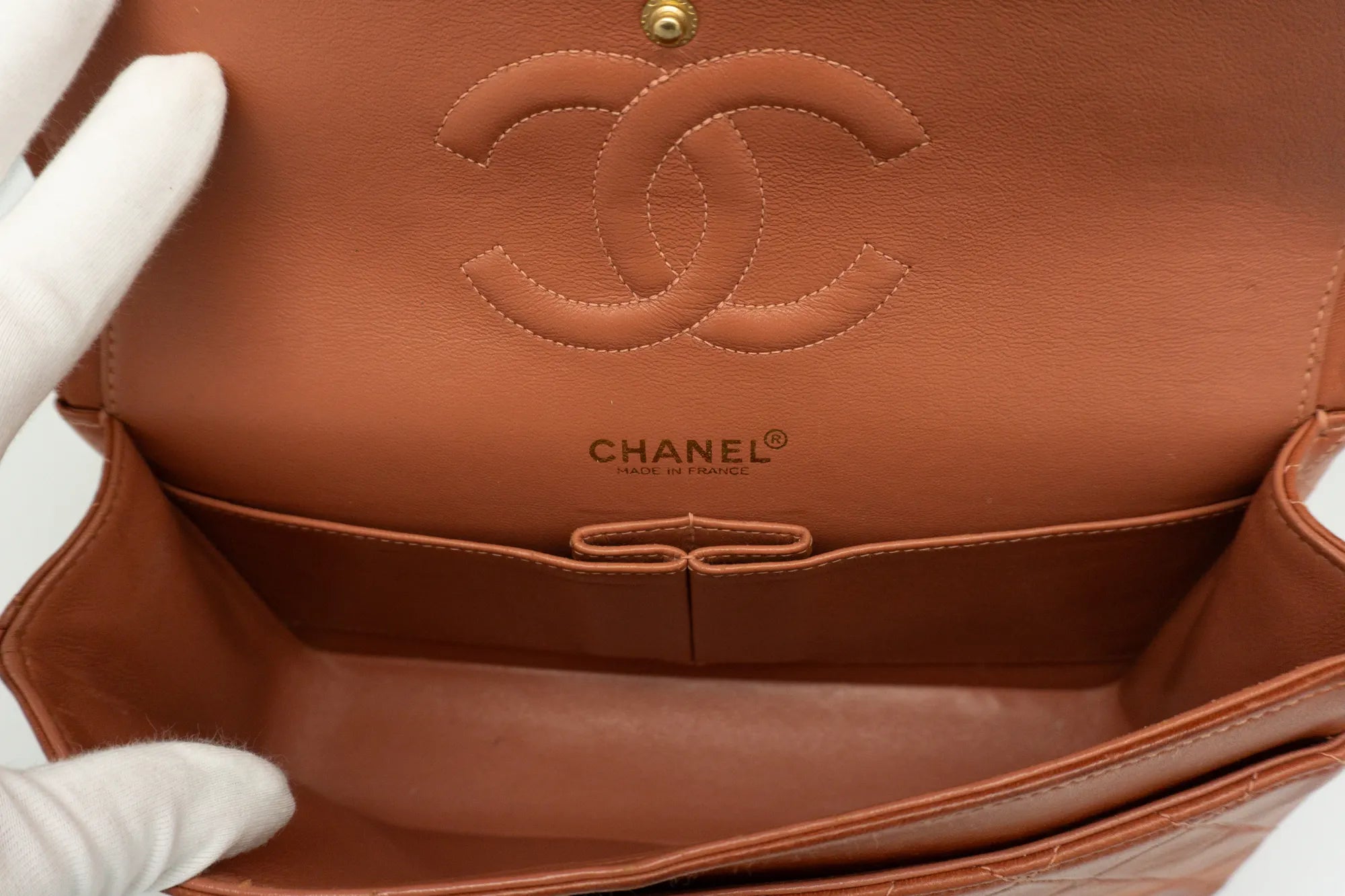 Chanel Medium Classic Flap in rust red inner view