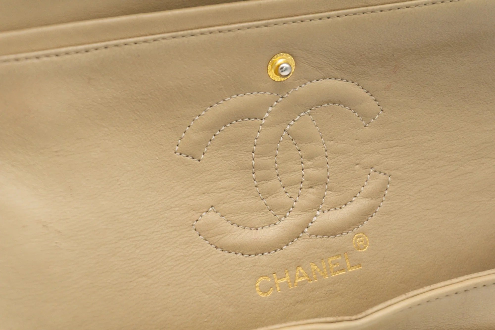 Chanel Small Classic Flap in beige inner detail CC Chanel logo
