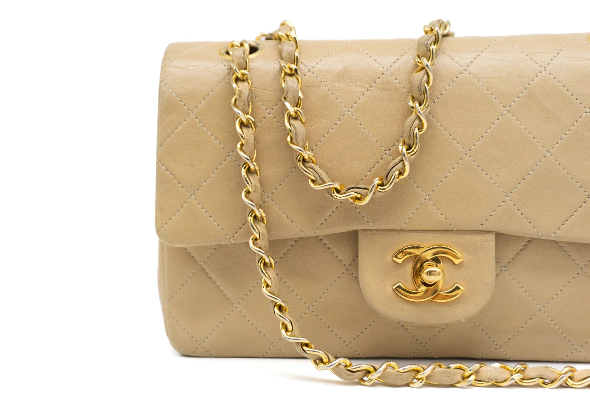 Chanel Small Classic Flap in beige front view cut