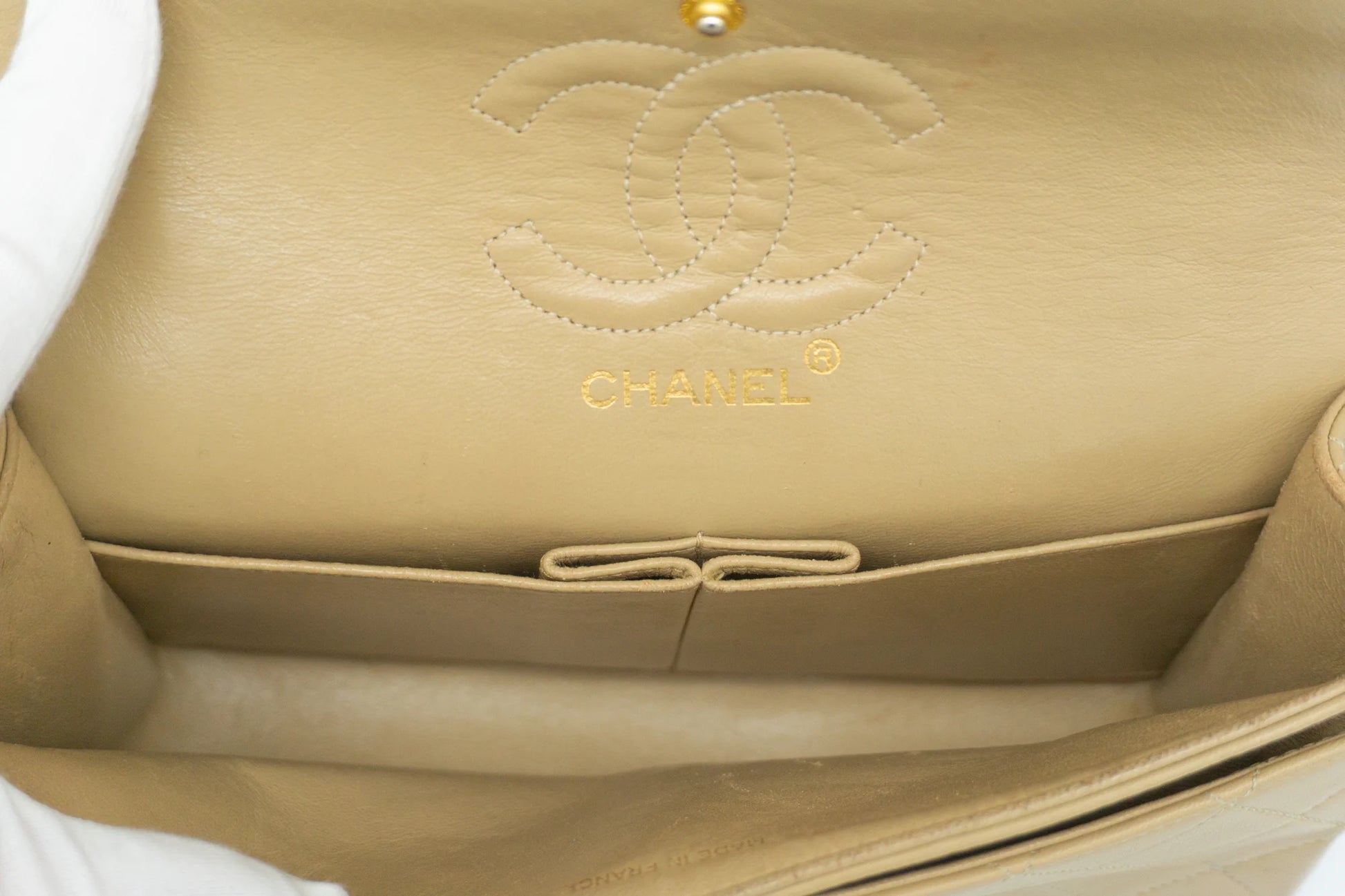 Chanel Small Classic Flap in beige inner view