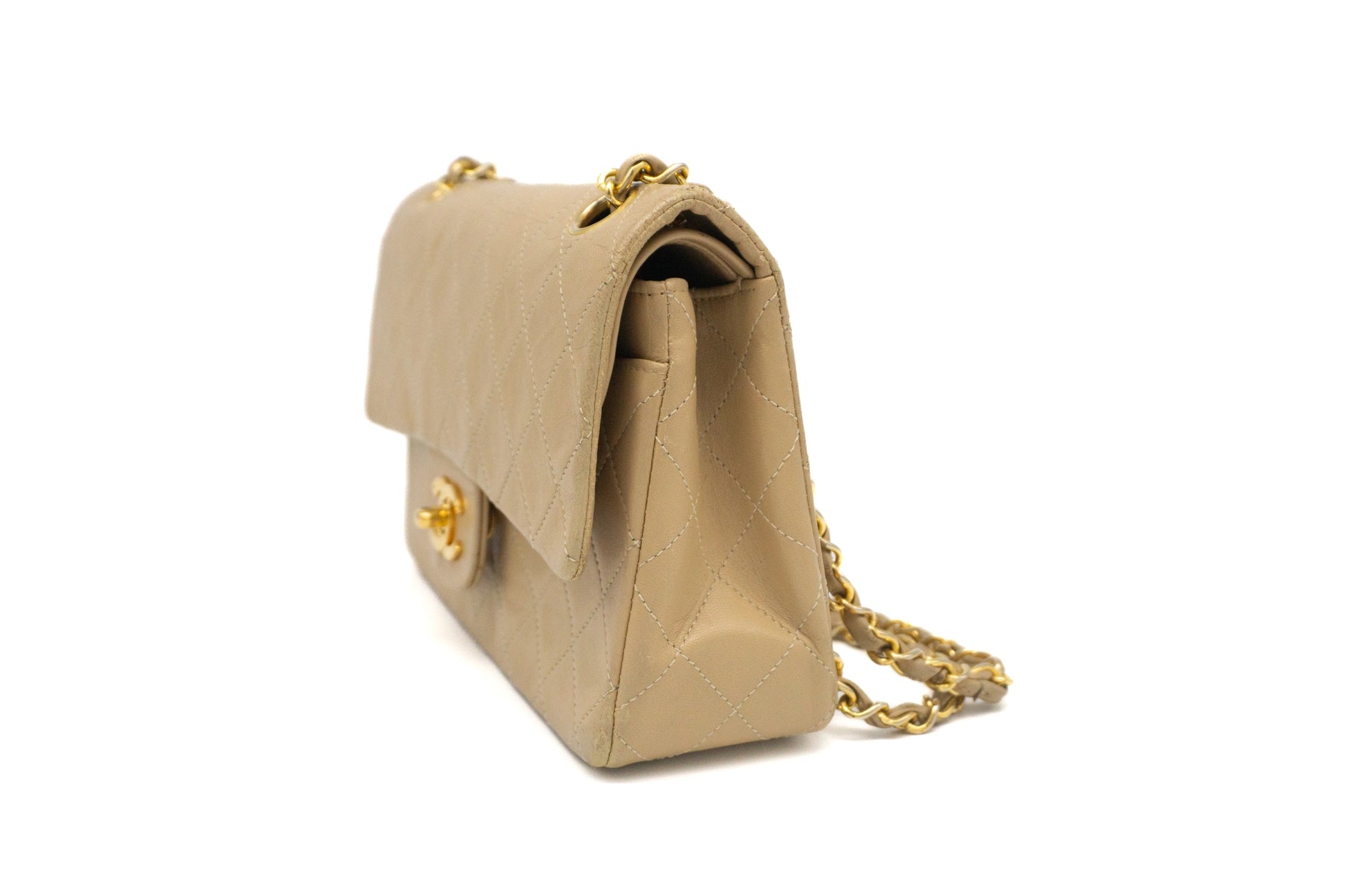 Chanel Small Classic Flap in beige side view left