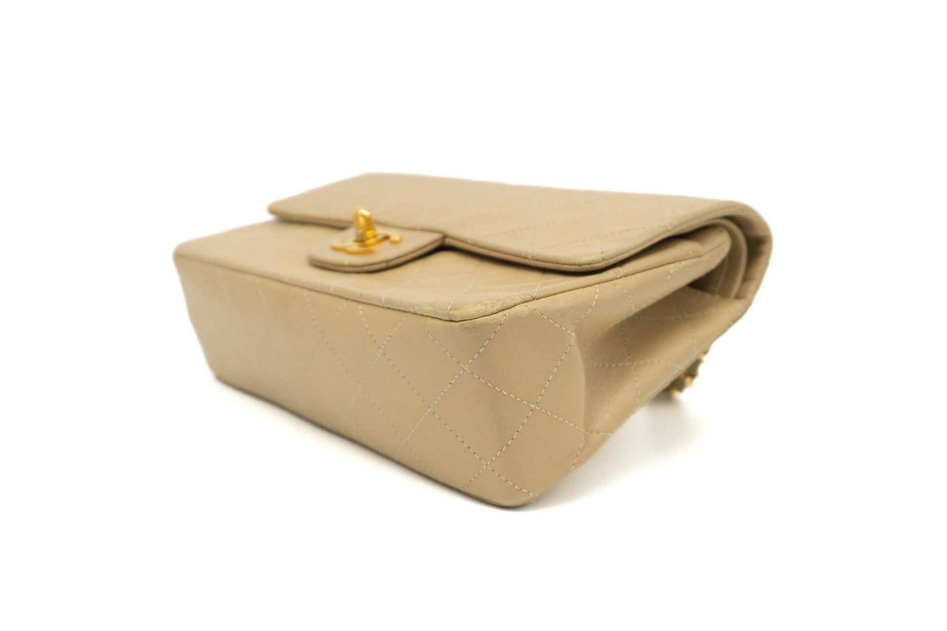 Chanel Small Classic Flap in beige bottom view left