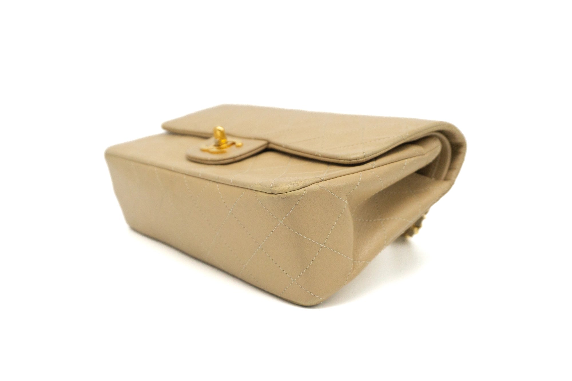 Chanel Small Classic Flap in beige bottom view left