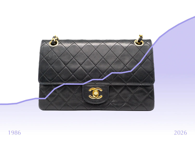 a black chanel medium classic flap with increasing diagram line from 1986 to 2026