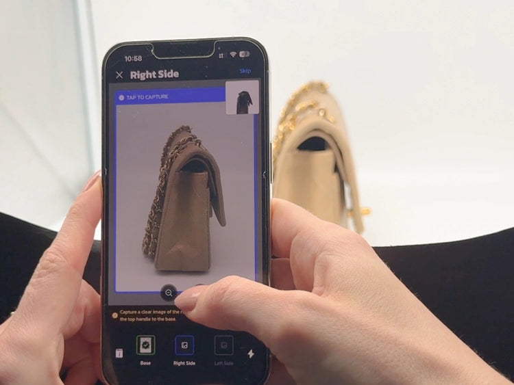 entrupy app authenticating a beige chanel classic flap